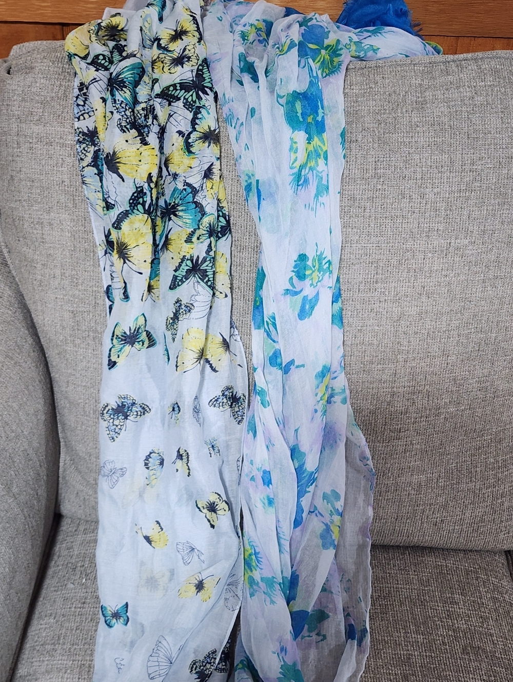 Lightweight Butterfly & Floral Scarves - Blue, Yellow, White Set Of 2 - Picture 2 of 10